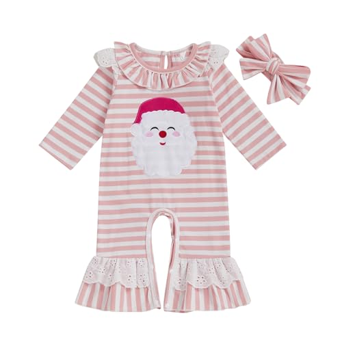 Gueuusu Christmas Baby Girl Outfit Dog Christmas Tree/Santa Claus Embroidery Long Sleeve Ruffle Romper Striped Jumpsuit