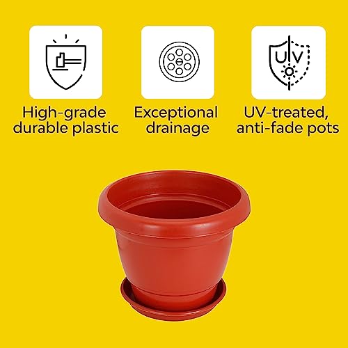 Kraft Seeds Gamla Planter Pots With Bottom Plate Tray (12 Pcs, 8 Inch, Red) | Plant Pots for Home | Plant Containers | Indoor Outdoor Balcony Flower Pots | Drip Tray Pots | Plastic Pots With Plates