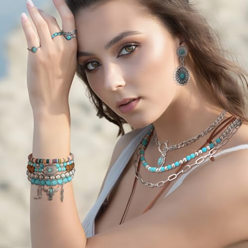 Image of Ecally Bohemian Western Jewelry Turquoise Set Women Country Pendant Long Choker Layered Bracelets Earrings Ring for Women
