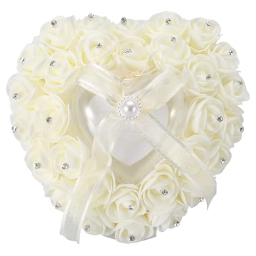 Xiuganpo Almohada de Anillo de Boda en Forma de Corazón, Cojín de Portador de Anillo Suave Y Duradero, para Suministros de Boda, Regalo, Fiesta de Boda(Blanco lechoso) Cover