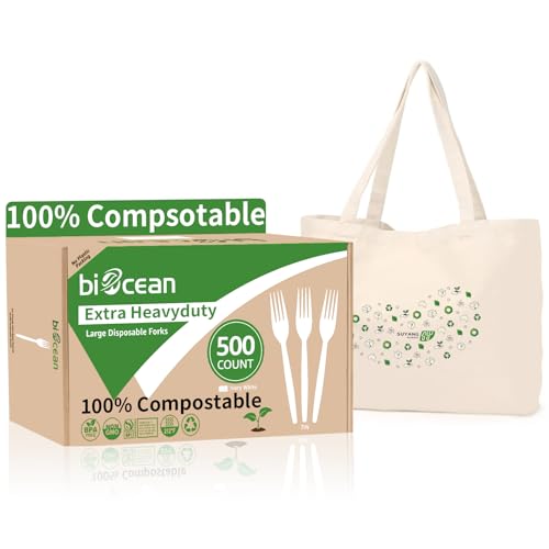 Image of Extra Heavyduty Compostable Forks [500 Count,7In] Disposable Cutlery No Plastic Forks Large Biodegradable Utensils Eco Friendly Silverware for Party,BBQ,Daily Use [With Tote]