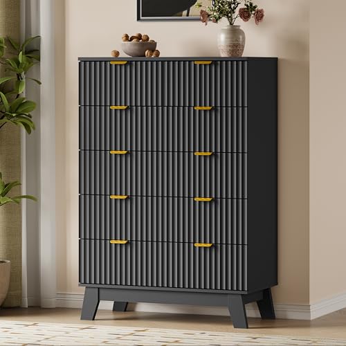 Image of BORNOON 46 inch Tall Dresser for Bedroom, 6-Drawer Fluted Chest of Drawers, Modern Wood Highboy with Deep Storage, Metal Slides and Handles, Anti-Tip Kit, Vertical Clothes Organizer for Apartment, Nursery