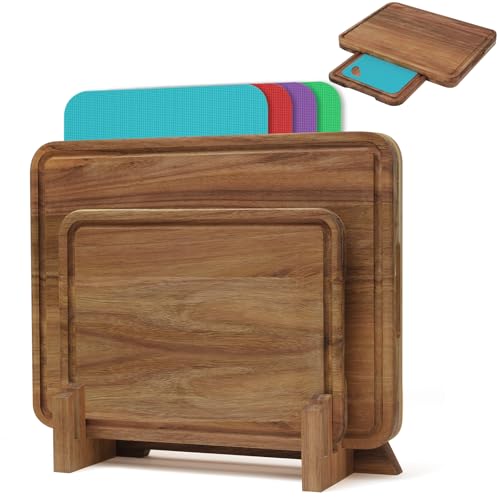 Set of 7 Large Acacia Wood Cutting Boards set,2-in-1Charcuterie Chopping Board & Butcher Block for Kitchen with Holder,Juice Groove,4 Color-Coded Plastic Cutting Boards for Meat,Vegetables and Cheese