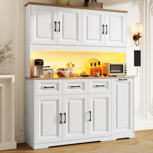 72" Tall 60" Wide Extra Large Pantry Storage Cabinet w/Power Outlet,LED Light,Farmhouse Kitchen Hutch Food Pantry Cabinet,3 Drawer,6 Doors Shelves,Storage Cart 3 Tier,for Kitchens,Dining Room,White