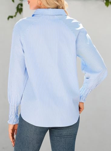 Astylish Women 2025 Fine Striped Smocked Cuffed Henley Shirts Long Sleeve Collared Blouse Tops with Pocket3