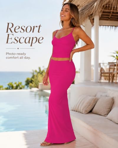 Image of Two Piece Skirt Set Women Maxi Long Skirt and Top Outfit | Soft stretchy 5 pc, slim bodycon, adjustable spaghetti straps, ruched crop tank, elastic waist, going out, beach vacation