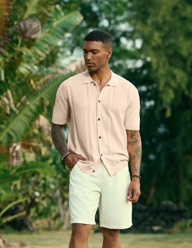 Image of JMIERR Men's Vintage Knit Button Down Shirts Fashion Casual Old Money Vacation Beach Polo Shirt Short Sleeve