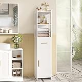 HEXCELEN 138,6 cm Meuble Colonne Salle de Bain, Meuble de Rangement, Armoire d’Angle avec Une Porte et Un Tiroir, Étagères Réglables, Compartiment Ouvert, pour Les Petits Espaces, Blanc