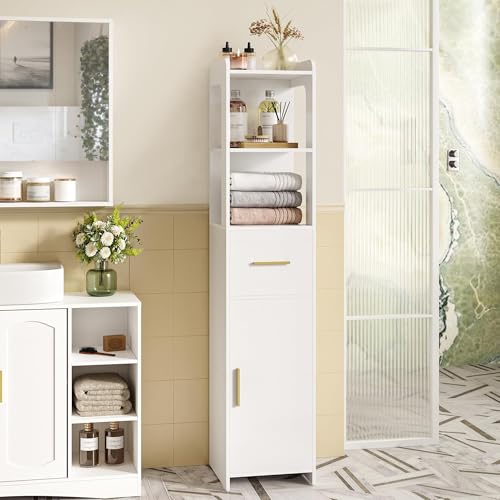 HEXCELEN 138,6 cm Meuble Colonne Salle de Bain, Meuble de Rangement, Armoire d’Angle avec Une Porte et Un Tiroir, Étagères Réglables, Compartiment Ouvert, pour Les...
