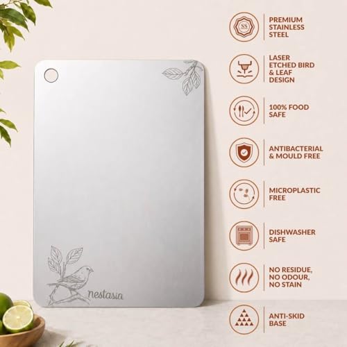Image of Nestasia Stainless Steel Chopping Board for Kitchen (35cm x 25cm) - Bird Motif Engraved Steel Cutting Board for Chopping Fruits & Vegetables | Anti-Skid, 100% Food Safe & Rust Resistant