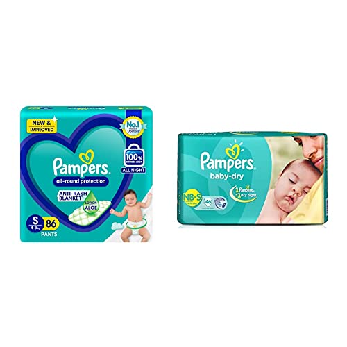 Image of Pampers All round Protection Pants, Small size baby diapers (S) 86 Count, Lotion with Aloe Vera & Pampers Taped Baby Diapers, Small (SM), 46 count