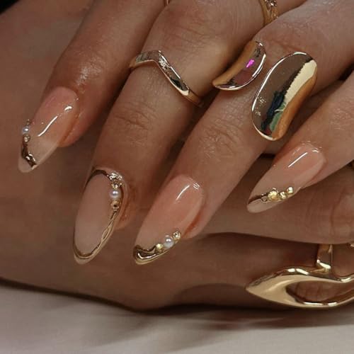 CTTHNBD Press on Nails Almond - French Tip Fake Nails with Gold Line Design - Medium Fasle Nails Press ons - for Women 24 Pcs