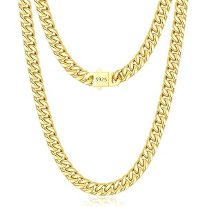 Sterling Silver Chain for Men Miami Cuban Necklace, 5mm 7mm 9mm Silver or 14K Gold Plated 316L Stainless Steel Chains with Sterling Silver Necklace Clasp for Men Necklaces 18-30 Inches
