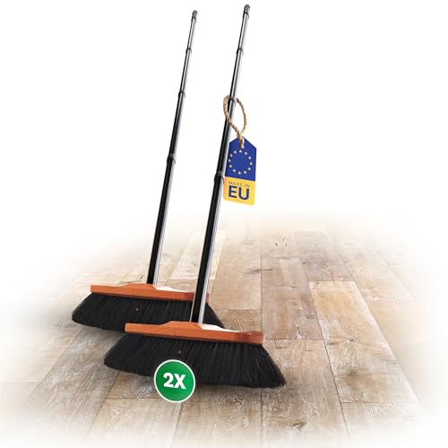 Novaliv 2X Zimmerbesen mit Stiel stabil ROSSHAAR Mischung Besen weiche Borsten Schrankbesen 4 TLG Steckstiel Gemischtes Rosshaar Besen für Laminat und Parkett Rosshaarbesen Naturborsten Stubenbesen