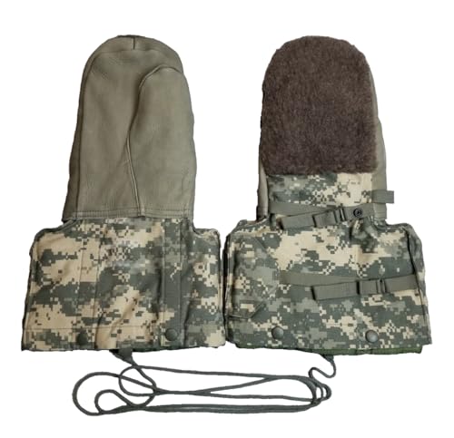 USGI Military Extreme Cold Weather Mittens, ACU Digital Camo Pattern, Leather Palm, Lined, MEDIUM