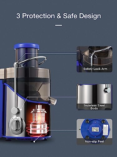 Juicer Machines, Juilist 3" Wide Mouth Juicer Extractor, for Vegetable and Fruit with 3-Speed Setting, 400W Motor, Easy to Clean, Blue