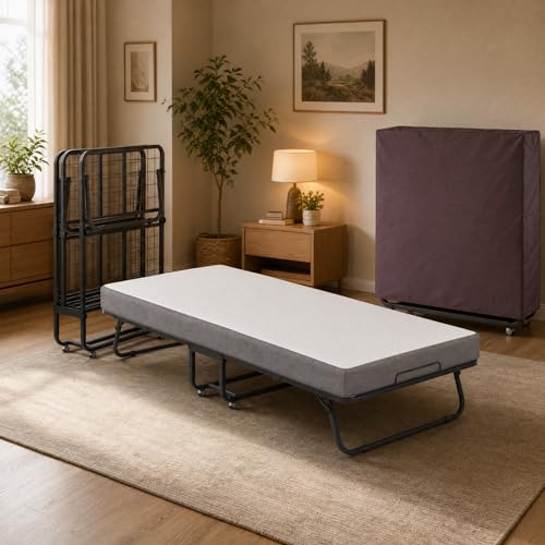 ACXIN Klappbett 90x200 cm Gästebett Klappbar für Erwachsene Metallbettgestell mit 13cm Memoryschaum-Matratze Faltbares Reisebett mit Rollen Belastbar bis 200kg