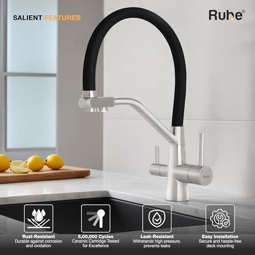 Image of Ruhe Wind Kitchen Sink Mixer Tap with RO Water Supply | Hot & Cold Dual Water | Flexible Silicon Spout | 360 Swivel | Table Mounted Faucet | 304-Grade Stainless Steel Kitchen Faucet