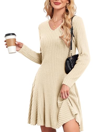 SENBATU Strickkleid Damen Herbst Elegant Pulloverkleid Langarm V-Ausschnitt Winterkleider Aprikose Mittel