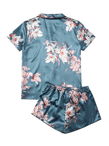 Image of WDIRARA Women's Sleepwear Satin Short Sleeve Shirt and Shorts Pajama Set Floral Blue XS
