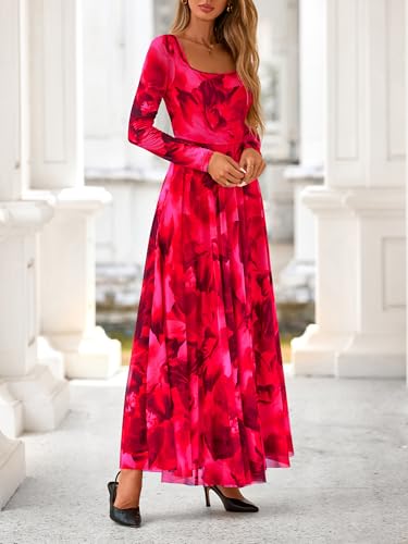 BTFBM Women Maxi Dress Fall 2025 Fashion Elegant Long Sleeve Square Neck Floral Print Party Club Wedding Guest Dresses