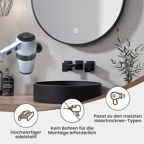 Dailyart Haartrocknerhalter, Fönhalter zum Kleben Wandmontage, Fönhalter ohne Bohren, Föhn Halterung, Föhnhalter Wand ohne Bohren, Föhn Halterung ohne Bohren, Föhnhalterungen Edelstahl Schwarz