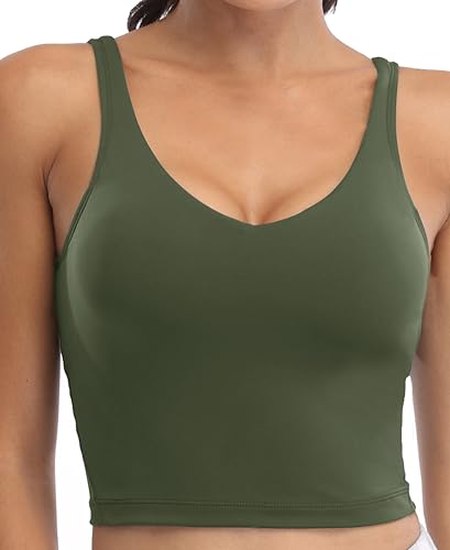 Image of Oalka Sports Bra Womens Longline Padded Crop Yoga Tank Tops | Built in Bras, Workout, Athletic, Fitness, Super Soft, Comfort, Cropped Top, Removable Pads, Heart Neckline For Women