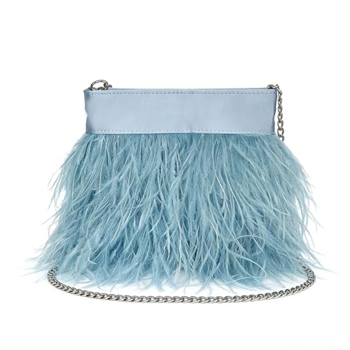 LAGO DE SAC Women Natural Fluffy Ostrich Feather Evening Clutch Purse Shoulder Crossbody Bag (Blue)