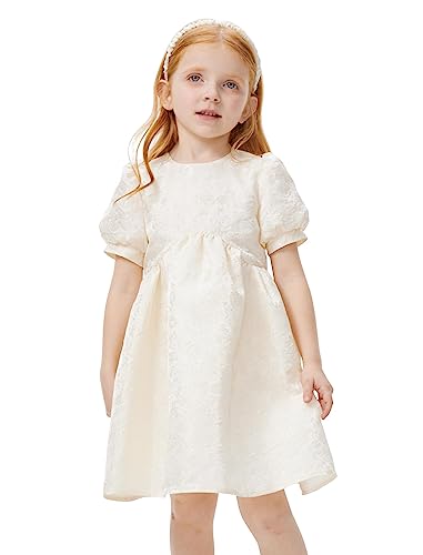 Girls Dresses Jacquard Princess Round Neck Short Sleeve A-Line High Waist Dress Ivory