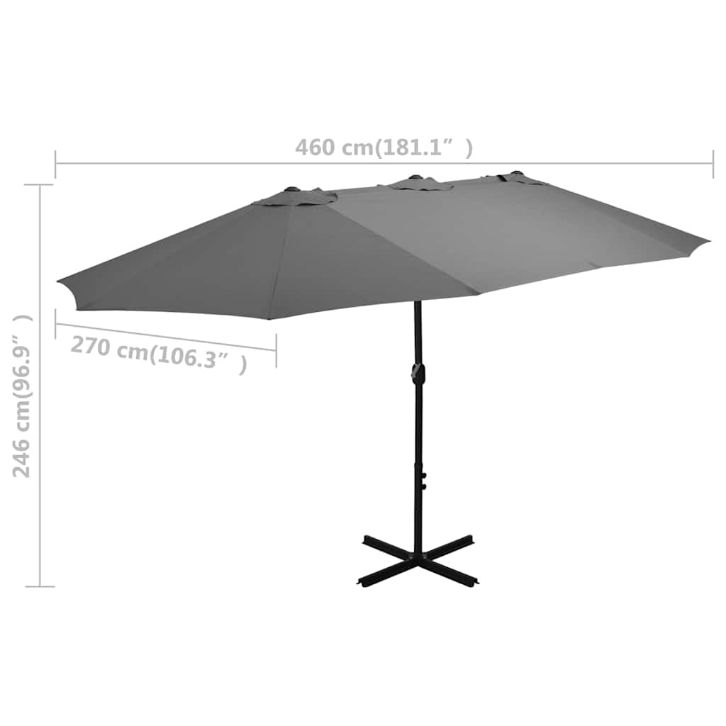Ombrellone doppio con palo in alluminio, 460 x 270 cm, antracite | Grande ombra per giardino e terrazza con stabile base a croce, manovella scorrevole e protezione UV.