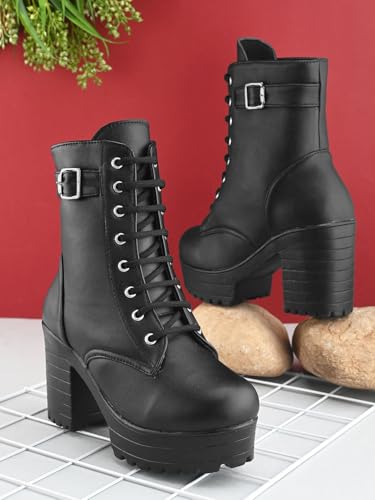 Image of XE Looks 100% Vegan Leather Women's Lace-Up Chunky Heel Ankle Boots with Buckle Detail | Trendy, Lightweight, Stylish, Comfortable and Soft, Trendy Heel Boots for Girls & Women