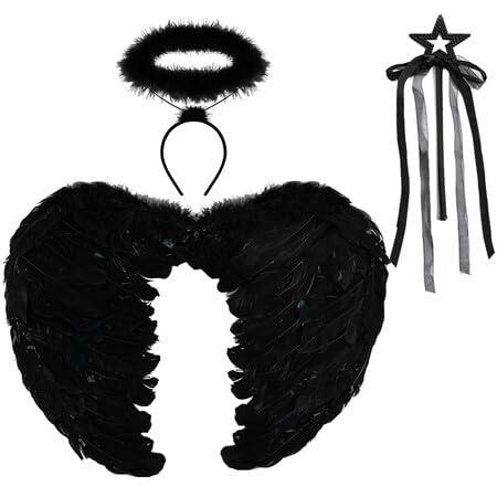 Spooktacular Creations Black Angel Wings and Halo Headband with Magic Wand for Kids, Feather Fairy Wings for Halloween Party Cosplay Costume