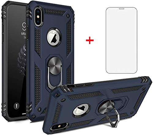 Funda para iPhone Xs X 10 con protector de pantalla de cristal templado magnético soporte de anillo accesorios resistente, resistente a prueba de golpes duro iPhone X iPhone Xs i SX 10x 10s 10xs azul