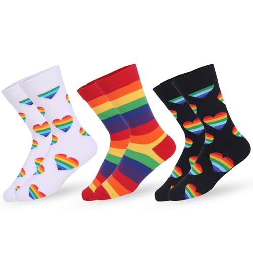 3 Paar Regenbogen-Socken aus Baumwolle – Bunte gestreifte Pride-Socken für LGBTQ+ Accessoires & CSD-Outfits (Regenbogen)