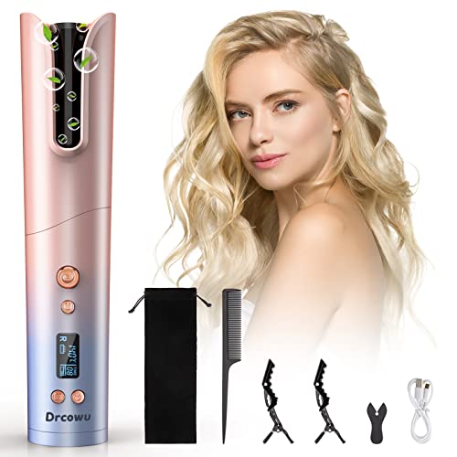 Lockenstab Automatisch, Drcowu Schnurlose Automatischer Lockenwickler, Kabelloser Lockenstäbe Große Locken mit 9600 mAh Akku, 4 Temperatur und 6 Zeiteinstellungen LCD-Display, Schnelle Erwärmung Cover