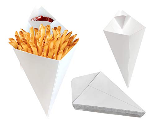 25 pcs Food Cones with Dip Pocket, Kraft Paper French Fries Cones with Dipping Sauce Compartment. (White)
