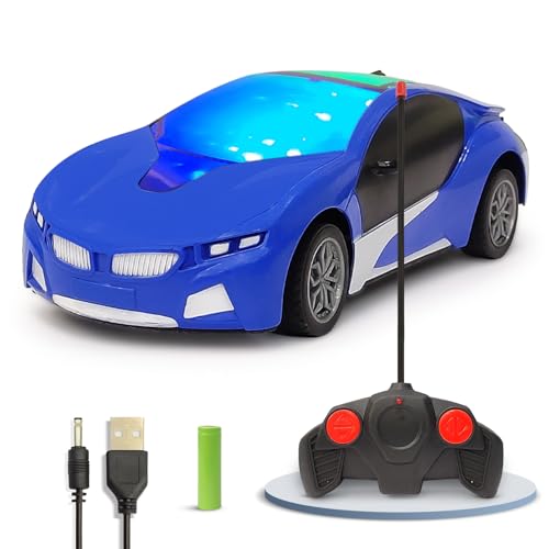 Image of 3D LED High Speed Rechargeable Remote Control Car for Kids, RC Racing Vehicle with Bright Lights, 2 AA Battery Controller (Blue)