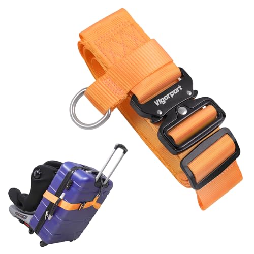 Image of Vigorport Travel Belt, Luggage Strap to Convert Carry-on Luggage into Airport Stroller Carrier, Metal Buckle (Orange, 76 Inch／Metal Buckle)
