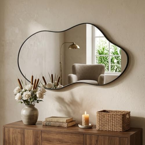 Image of Black Asymmetrical Wall Mirrors Irregular 20x36 Inch Abstract Mirror | Wall Mirrors Decorative Orangic Modern Cloud Mirror for Bathroom Bedroom Living Room Entryway Hallway