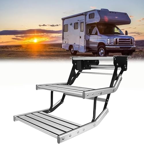 Automatic Folding RV Step with LED Light - 12V Electric, 80W Motor, 200KG Capacity, Reinforced Aluminum for Travel Trailers & Truck Campers - Durable & Safe Double Layer Design