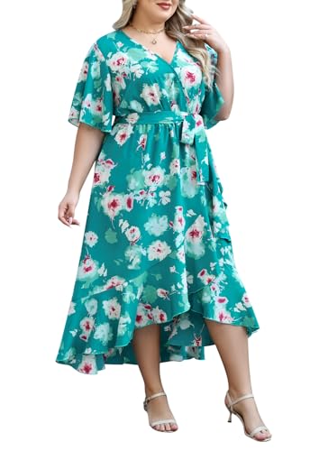 Image of Keluummi Plus Size Maxi Dress for Women V-Neck Floral Empire Waist 3 /4 Sleeve with Pockets