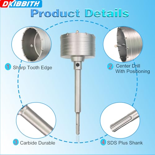 Image of 4-1 /4 inch Concrete Hole Saw, 110mm Tungsten Steel Core Bit for Cinder Block, Brick, Rock, Plank Walls for Pipes or mini Split Lines, with SDS Plus Shank and 2 Center Positioning Drill Bits.