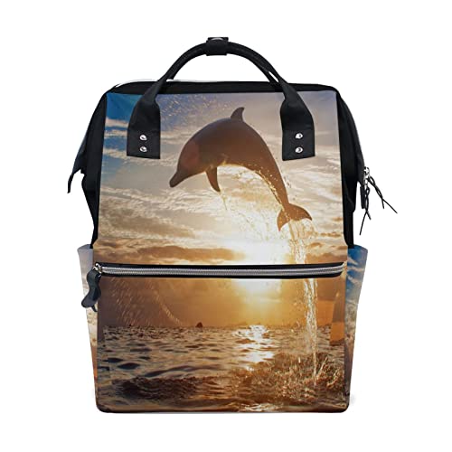 Lady Liberty - Bolsa de pañales de gran capacidad, mochila de viaje multifunción, Delfines saltando con un atardecer marino4, Talla única