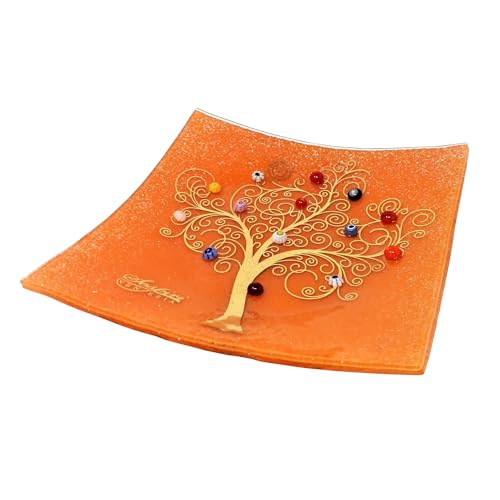 Sospiri Venezia Bandeja cuadrada Árbol de la vida de cristal de Murano con murrines y oro, plato decorativo artesanal italiano 19x19 cm color naranja