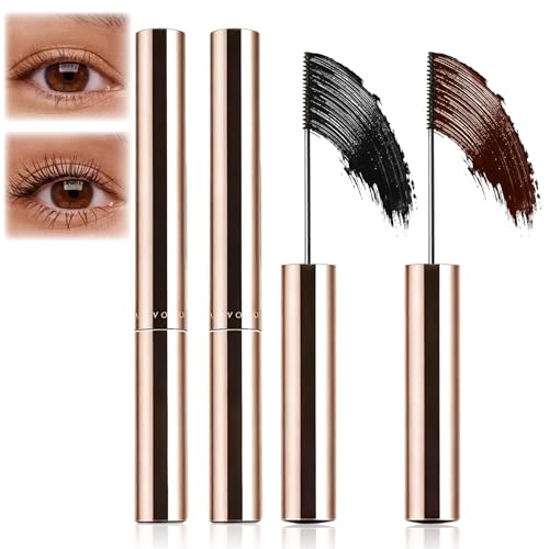 2PCS Ultra-Fine Lengthening Waterproof Quick-Dry Mascara, Iron Wand Mascara, Waterproof Metal Wand Mascaras, Long-lasting 3D Curling Eyelash, Smudge Proof and No Flaking (Black+Brown)