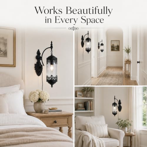 Image of Rustic Gothic Plug in Wall Sconce with Glass | Farmhouse Antique Decorative Metal Wall Light with Plug-in Cord for Hallway, Bedroom, Living Room, Entryway