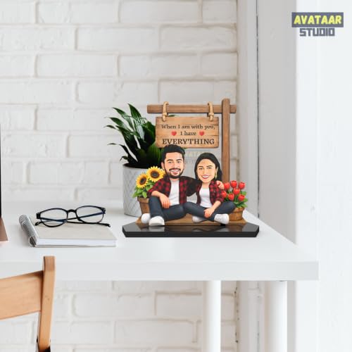Image of Wood Rectangular Personalized Caricature Gift for Couple, 7 Inches, Tabletop Multicolor, Art Deco Style (COUPLE 13)