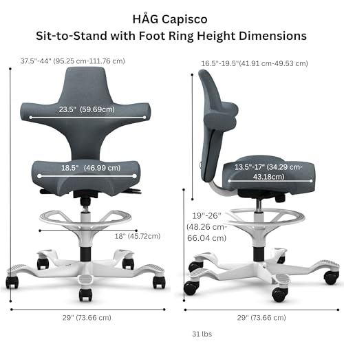 Image of HAG Capisco Sit to Stand Chair-White Frame-Upholstered Dark Gray-with Foot Ring