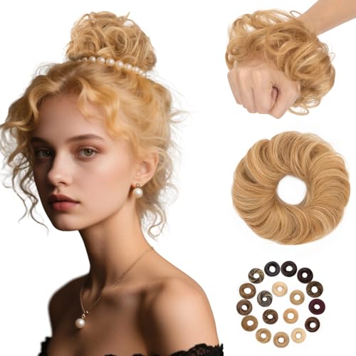 prokyvity Messy Bun Hair Piece Human Hair, Human Hair Messy Bun Hair Piece for Women,100% Real Hair Bun Wig,Invisible Light and Soft Wavy-12P613 Golden Brown&Bleach Blonde