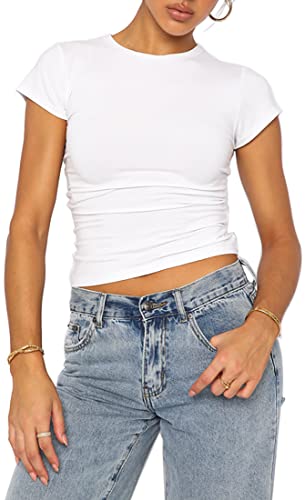 WINKEEY Essentials T-Shirt Y2K Femme T-Shirt Moulant Basique à Manches Courtes Crop Top Col Rond Haut été Chic, Blanc S